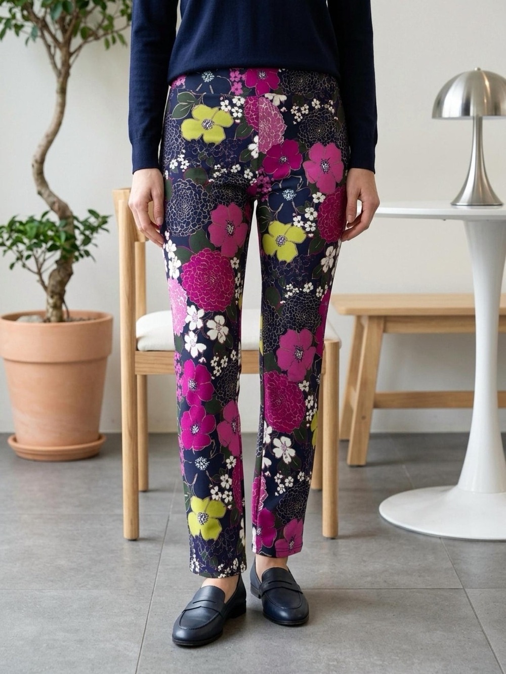 Jude Connally Navy Straight-Leg Floral Pants with Magenta and Lime Accents